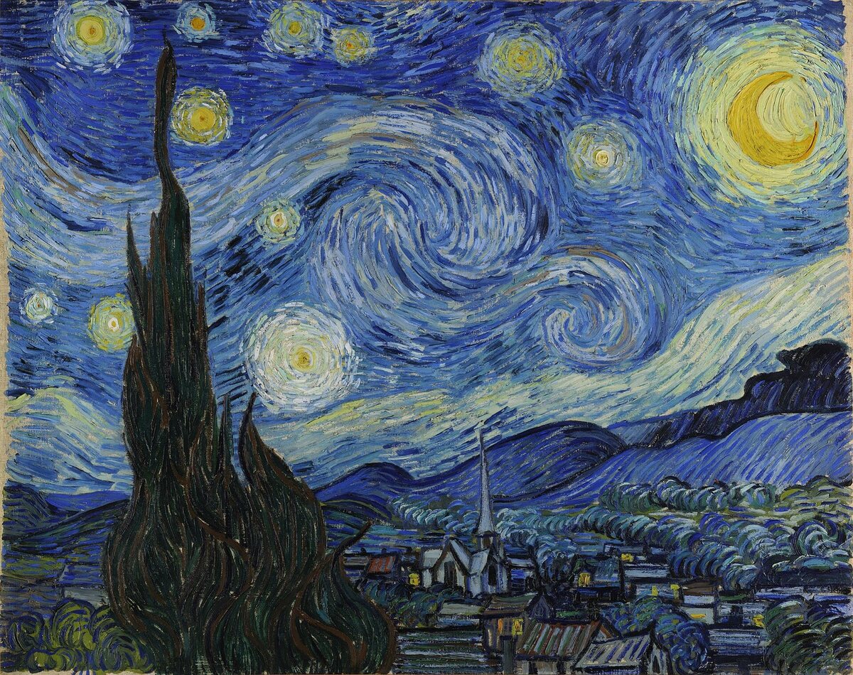 La noche estrellada, de Vincent van Gogh: un cielo nocturno en remolinos sobre un pueblo, con un ciprés oscuro en primer plano.